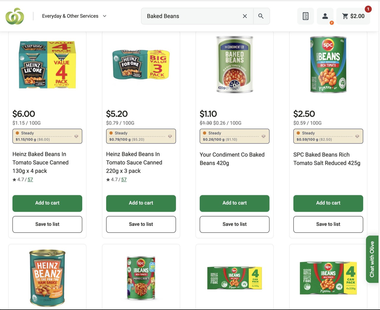 Same Woolworths page with the Order-Bot overlay showing competitor prices