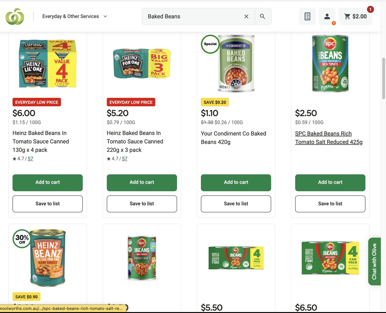 Woolworths product page without the extension